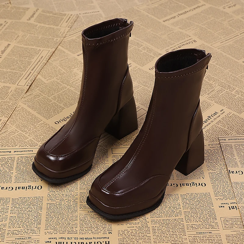 

Elegant Women's Boots High Heels Shoes Square Toe Chunky Leather Shoes 2025 Designer New Winter Chelsea Boots Woman Pumps Botas