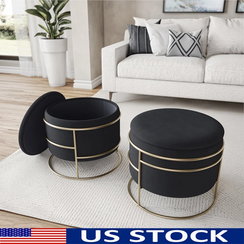 

Elegant Velvet Round Ottoman Storage Gold Frame Modern Design Living Room Bedroom Entryway Chic Home Decor 15 Inch Diameter