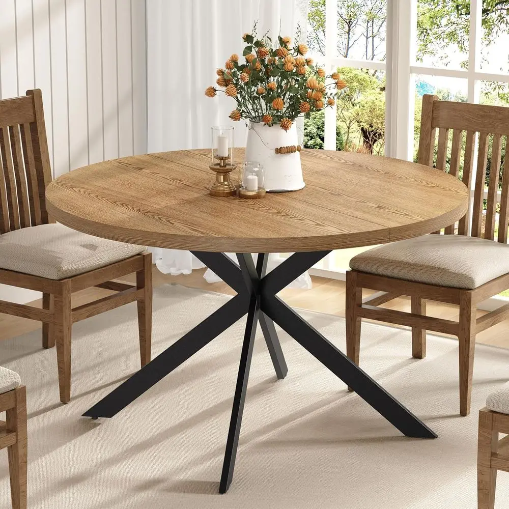 Natural Oak X-Base Solid Wood Round Dining Table, 4-6 Seater Kitchen Table
