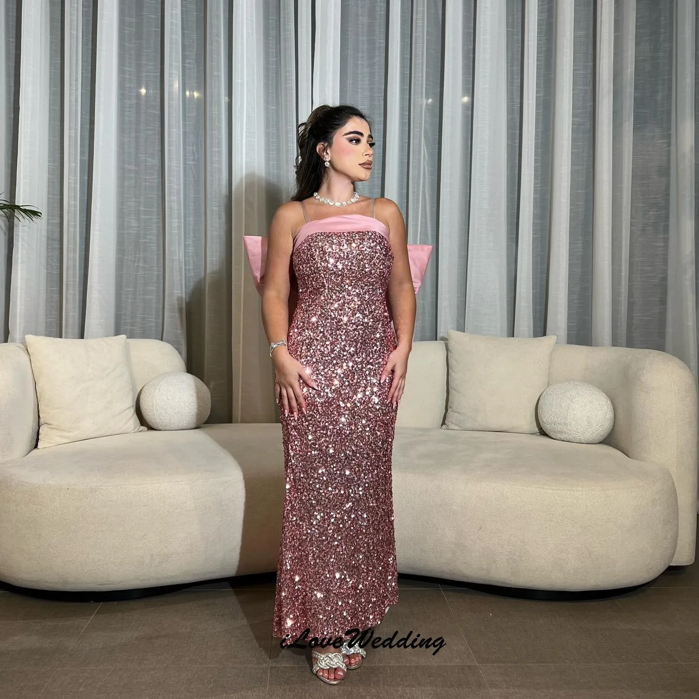 

Pink Sequin Pink Prom Dresses 2025 Mermaid Elegant Strapless Women Party Dress Bow Ribbons Formal Gowns Ankle Length Customized