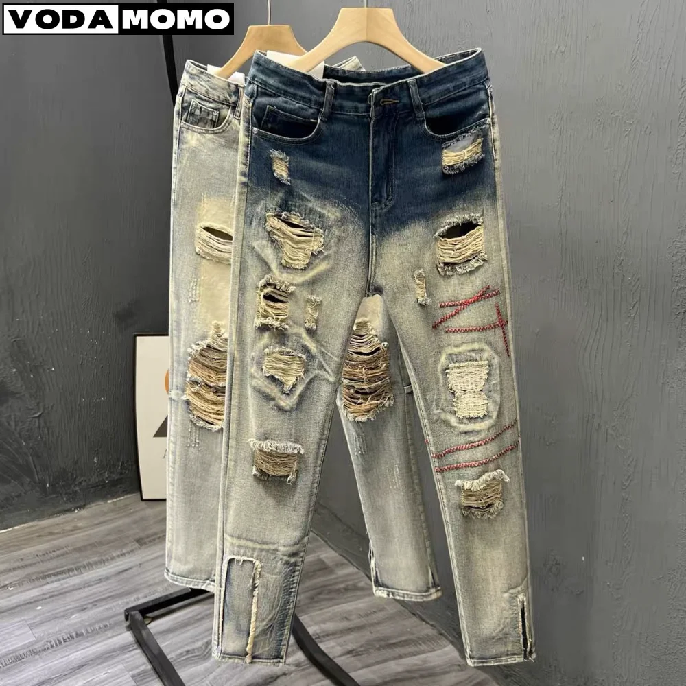 

Hole ripped jeans men Slim Fit Skinny jeans Hip hop fashion Streetwear patchwork jeans Elasticity Gothic pants men pantalon