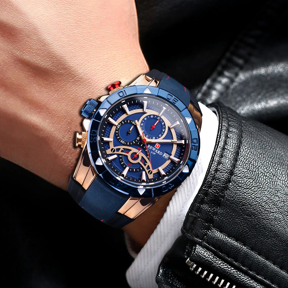 REWARD Luxury Man Wristwatch Military Waterproof Luminous Chronograph Date Men Watch PU Leather Men's Quartz Watches