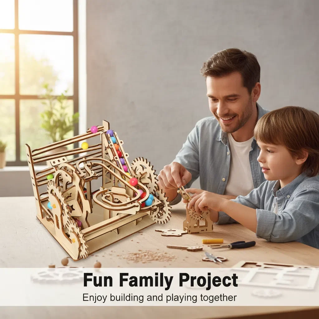 Track ball wooden jigsaw puzzle 3d model, handcrafted scientific experiment small make, assembly, educational toy gift