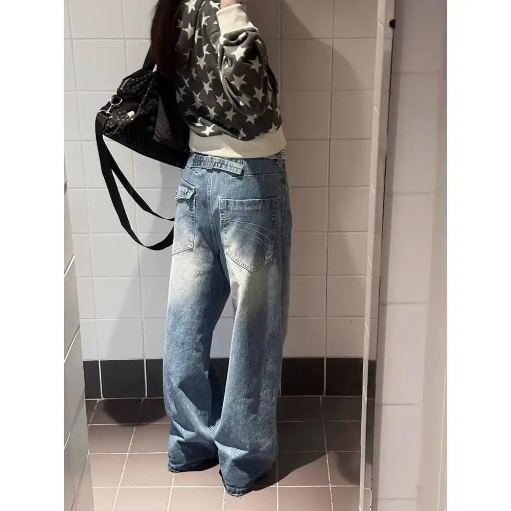 

American Retro Wide Leg Denim Jeans Women Summer Spicy Girl High Street Design Loose Drapey Straight Floor-Length Pants