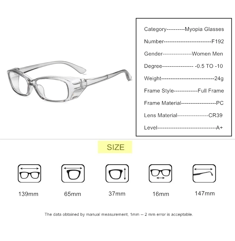 Myopie-Brille -0,5 bis -8,0 Damen und Herren, blockiert Staub, vollständig geschlossener Rahmen, kurzsichtig, verschreibungspflichtige Brillen, Astigmatismus, individuell F192 – Detail 12