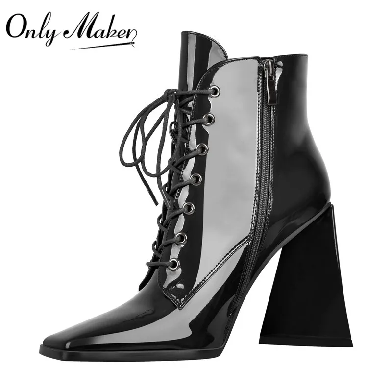 

Onlymaker Women Square Toe Black Patent Leather Triangle Chunky Heel Ankle Boots Cross-tied Decoration Side Zipper Booties