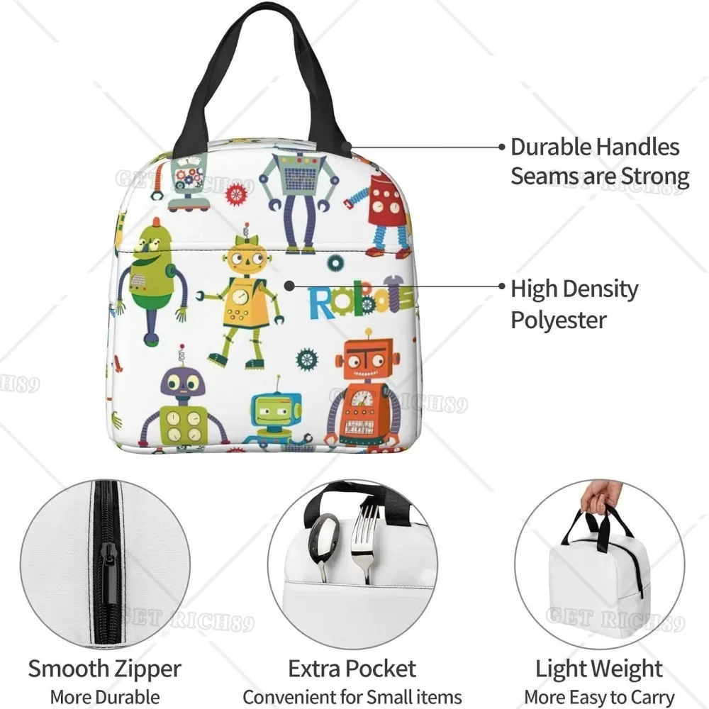 صندوق غداء معزول مطبوع عليه روبوتات كرتونية لطيفة للنساء والرجال، حقيبة غداء متينة خفيفة، حقيبة حمل محمولة للعمل المكتبي #5