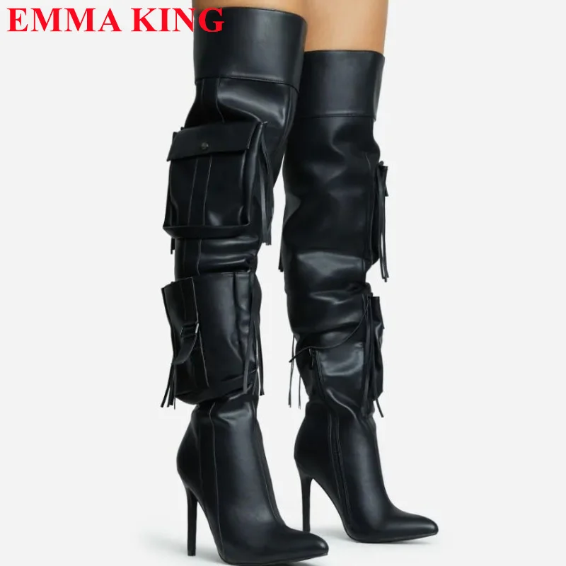 Winter Autumn Women Pocket Fringe Thigh High Black Brown Pointed Toe Over The Knee Boots Ladies High Heel Shoes Long Boots Woman