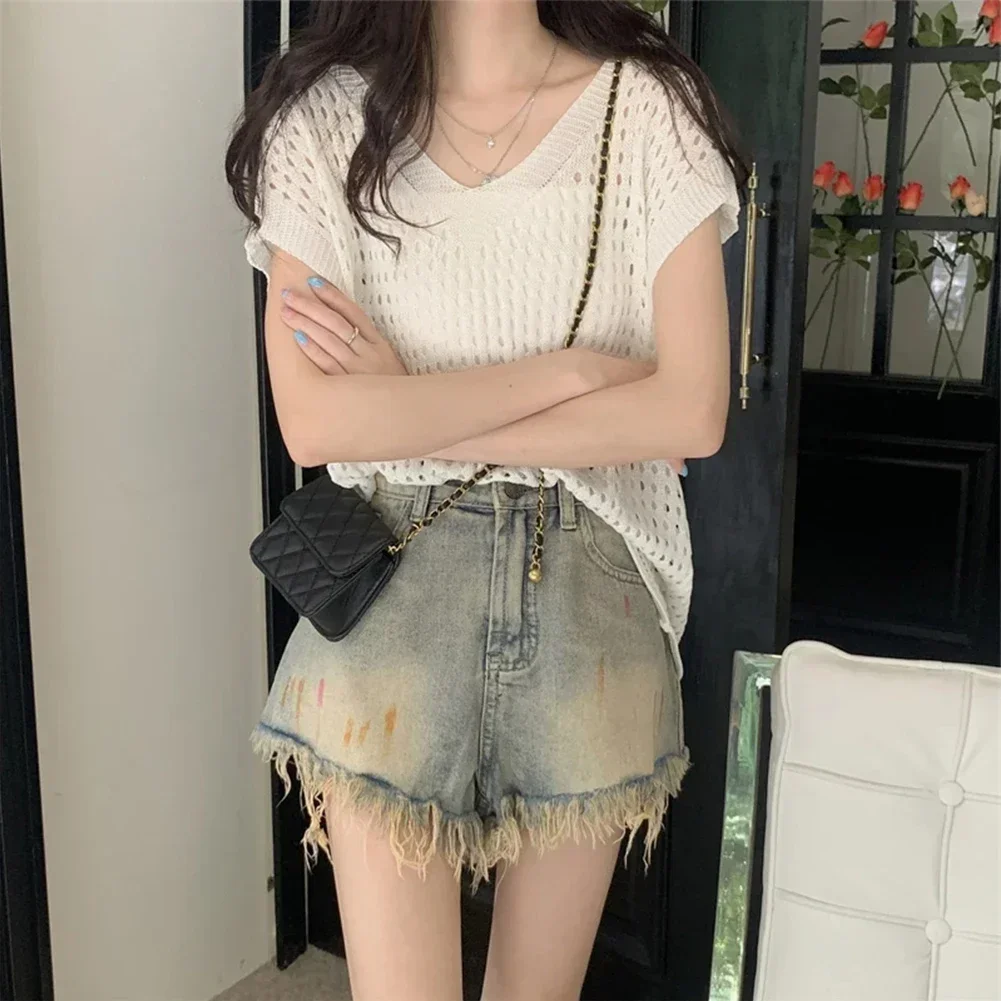 Summer Knit Pullover Women V-neck Hollow Out Knitted Vest Women's Japan Style Vest V-neck Pullover Sweetheart Top