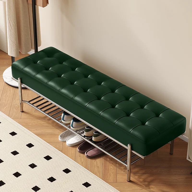 Entry door light luxury leather shoe change stool household door stainless steel bench with shoe rack living room sofa stool din