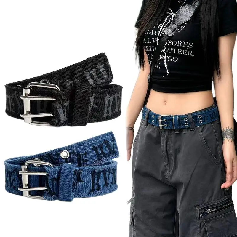 Punk Y2K Canvas belt，Gothic letter print fringed belt，Double-needle metal buckle women's street style belt