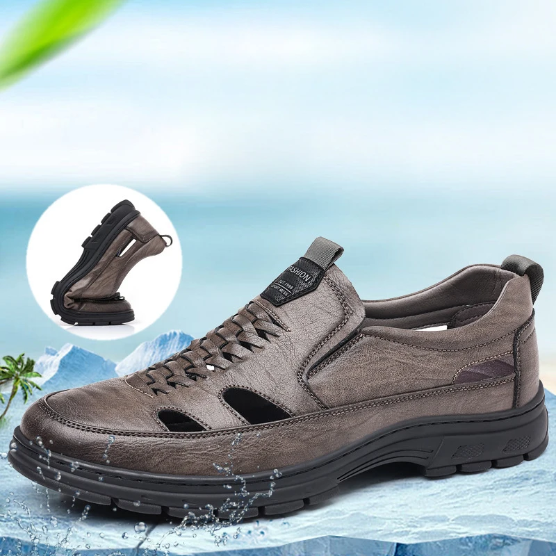 Classic Men Leather Sandals Summer Split Leather Sandals Men Outdoor Casual Lightweight Sandal Fashion Men Slipper Big Size 44