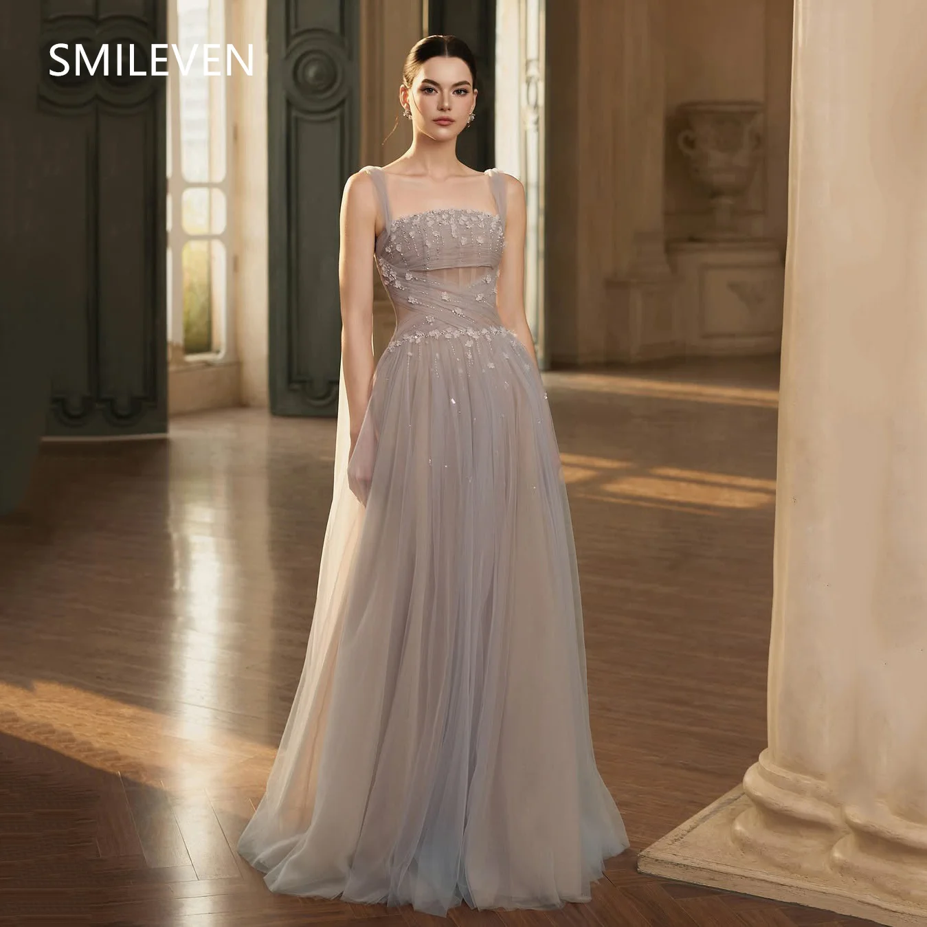 

Smileven A-line Modest Prom Dresses Flower Applique Spaghetti Strapless Sleeveless Party Evening Dress Gift Customized 2025