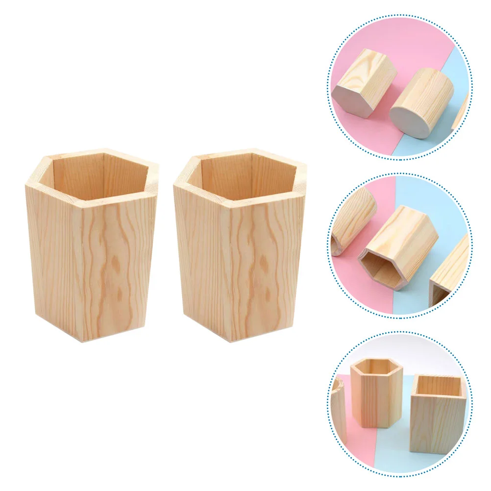 

2 Pcs Pine Pen Holder Stationery Organizer Pencil Pot Makeup Brush Wood Holders Succulent Plant Desk Supplies Desktop Tools