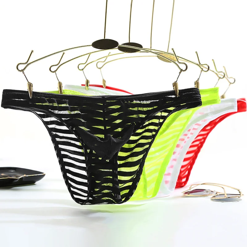 Men Low Waist Briefs Breathable Solid Color Stripes Panties Ultra-Thin Transparent Ice Silk Underwear U Convex Pouch Underpants