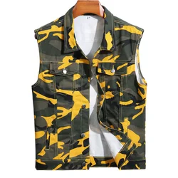 Men Camouflage Denim Vest Causal Loose Cotton Coat Streetwear Outerwear Yellow Red Green