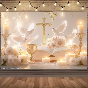 優雅的初領聖體儀式,配上白鴿、玫瑰、十字架、金聖杯和閃亮蠟燭-神父 8 最佳銷售 初領聖體 - №6