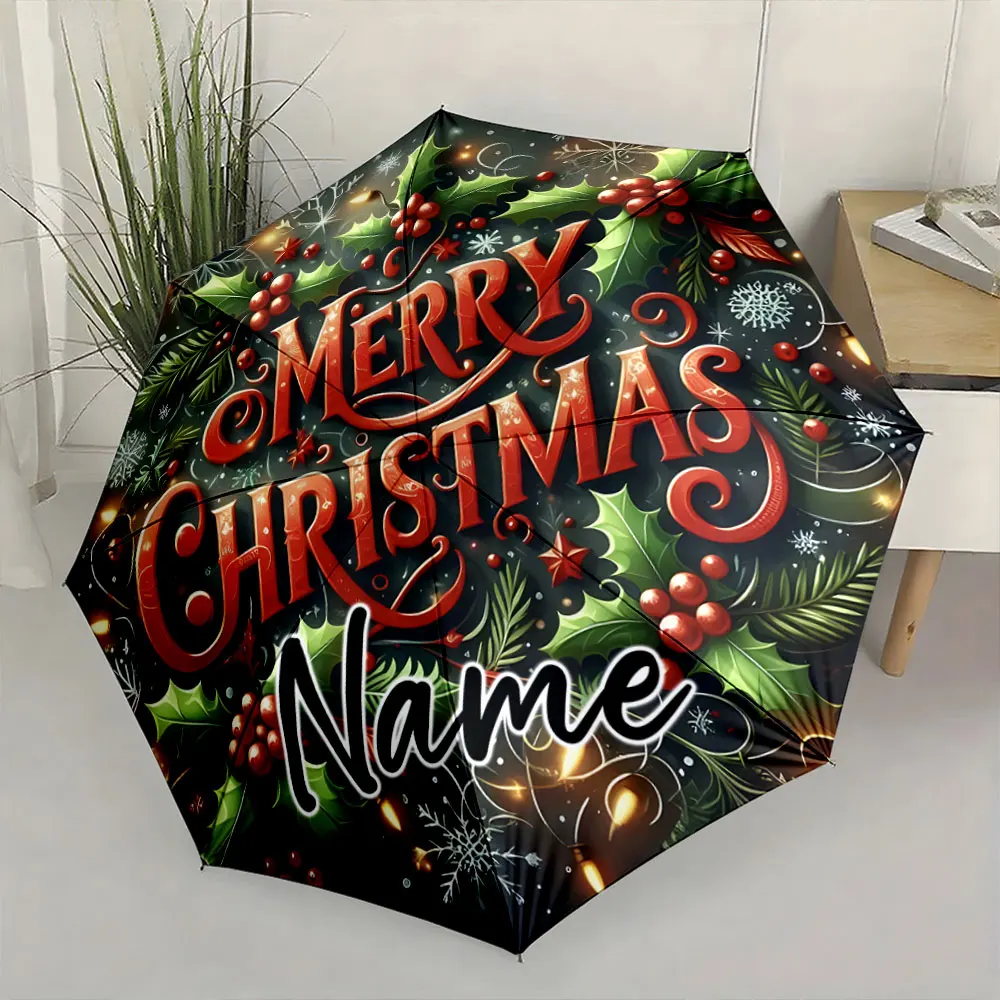 Custom Name Festive Christmas Umbrella with Greenery and Red Berries 8 Iron Ribs Folding Umbrella Auto-Open Fashion Sunshade