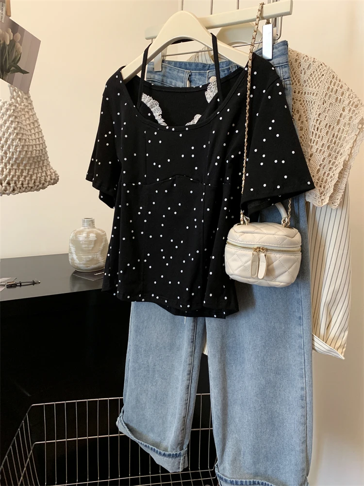 Kaus Desain Renda Dua Potong Palsu Kasual Pola Polka Dot Wanita Halter Lengan Pendek Slimfit Atasan Ukuran Plus Vneck Cocok untuk Semua