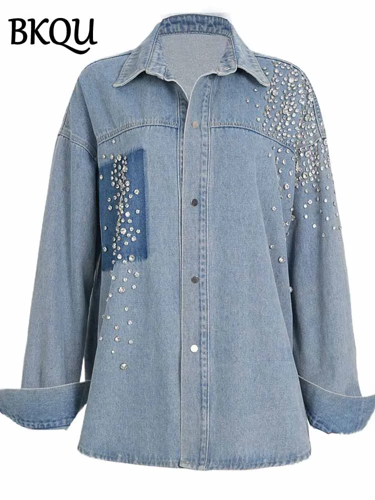 

BKQU синие джинсовые куртки со стразами для женщин, весна 202, однобортная рубашка большого размера с длинными рукавами, пальто, модная уличная одежда