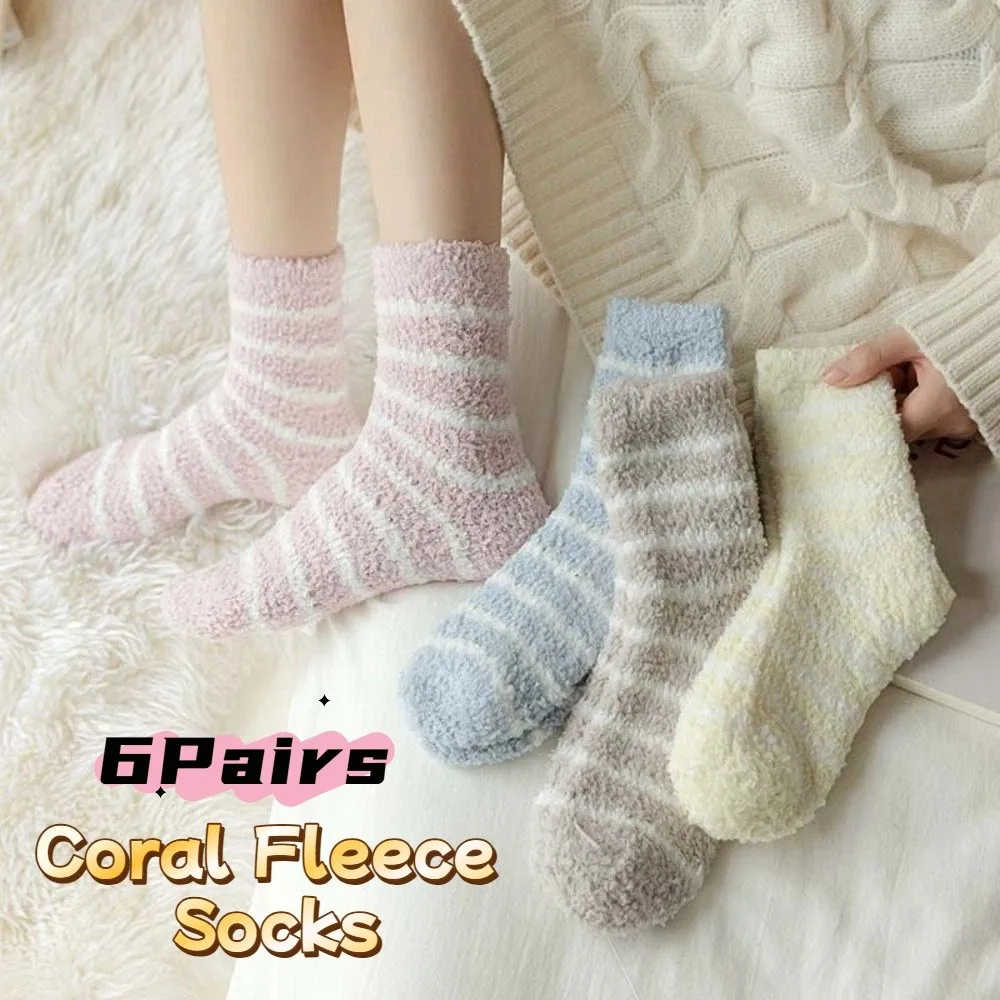 

6Pairs Fashion Stripe Coral Fleece Socks Patchwork Plush Thicken Velvet Socks Hosiery Soft Sleeping Socks Girls
