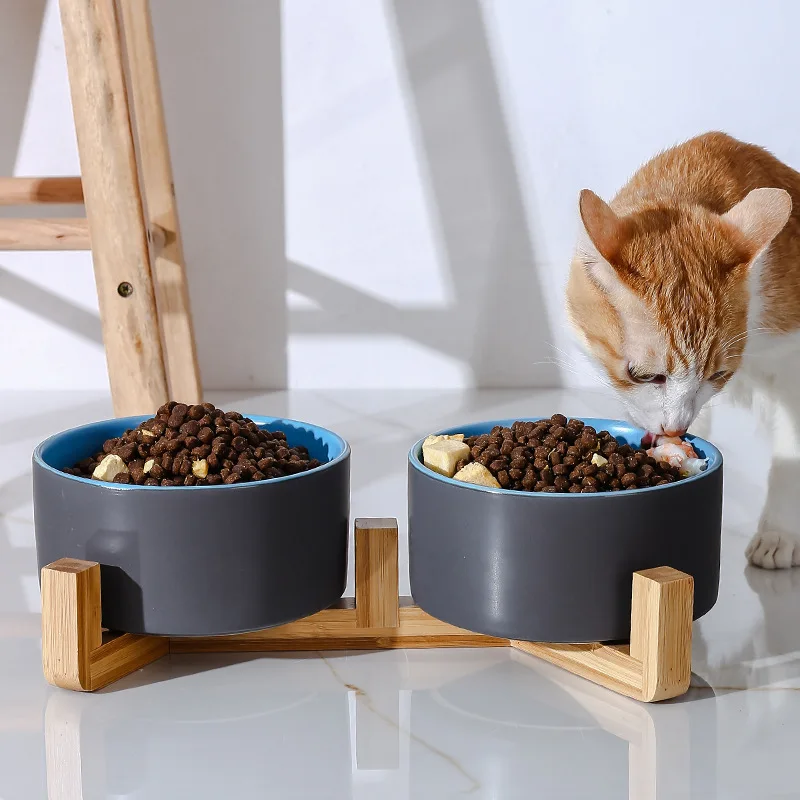 Ceramic Bowl for Cat and Dog, Food and Water Container, Protection Cervical Neck, Pet Bowl Supplies with Wood Stand