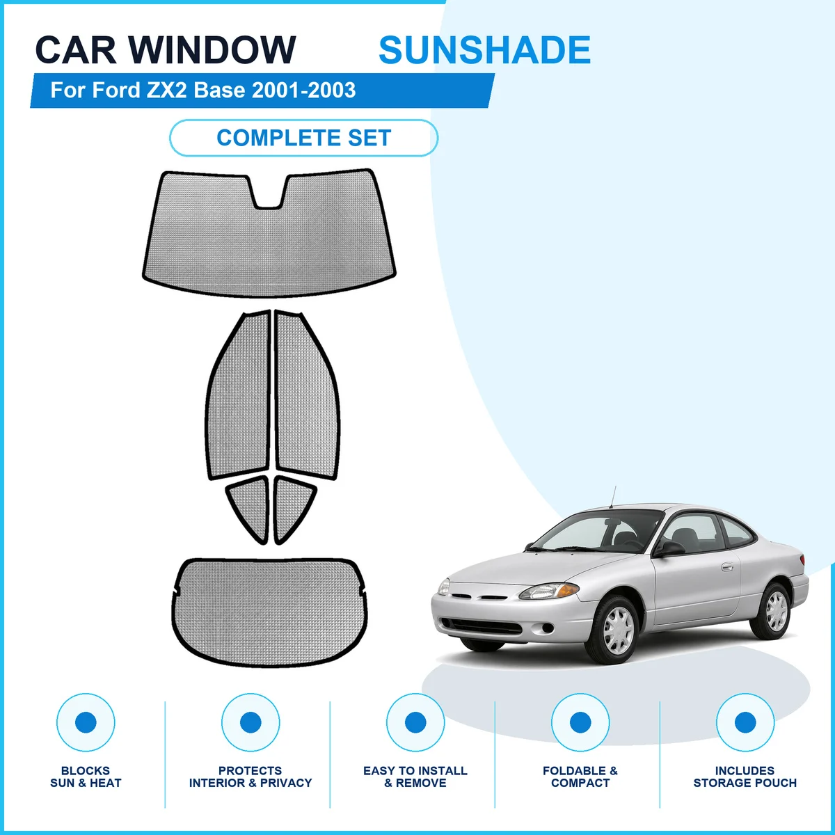 For Ford ZX2 Base 2001-2003 Custom Full Set Window Sunshades Aluminum Foil Suction Cup Anti UV Privacy
