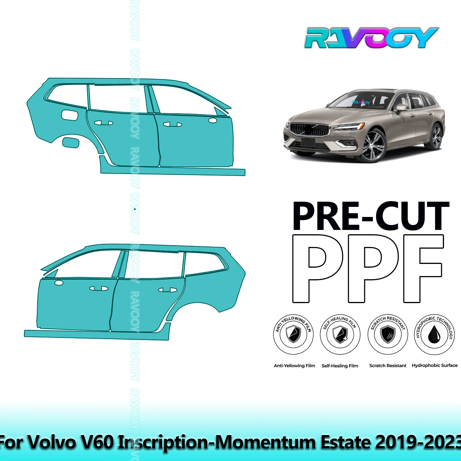 

For Volvo V60 Inscription-Momentum Estate 2019-2023 8.5mil Pre-Cut PPF Door & A/B Pillar Kit TPU Paint Protection Film Set
