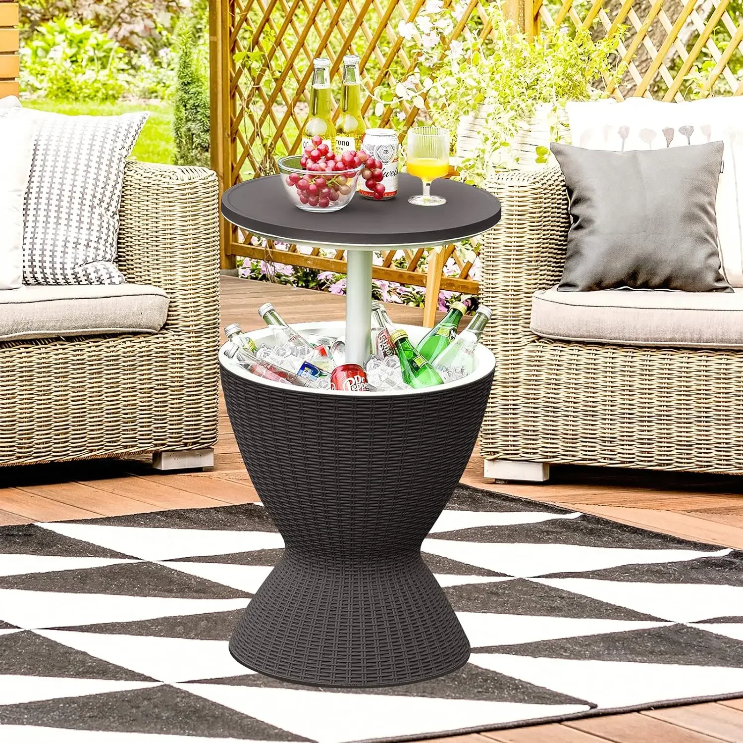 Outdoor Cool Bar Table, Rattan Style Patio 8 Gallon Beer and Wine Cooler, All-Weather Ice Bucket w/Height Adjustable Top