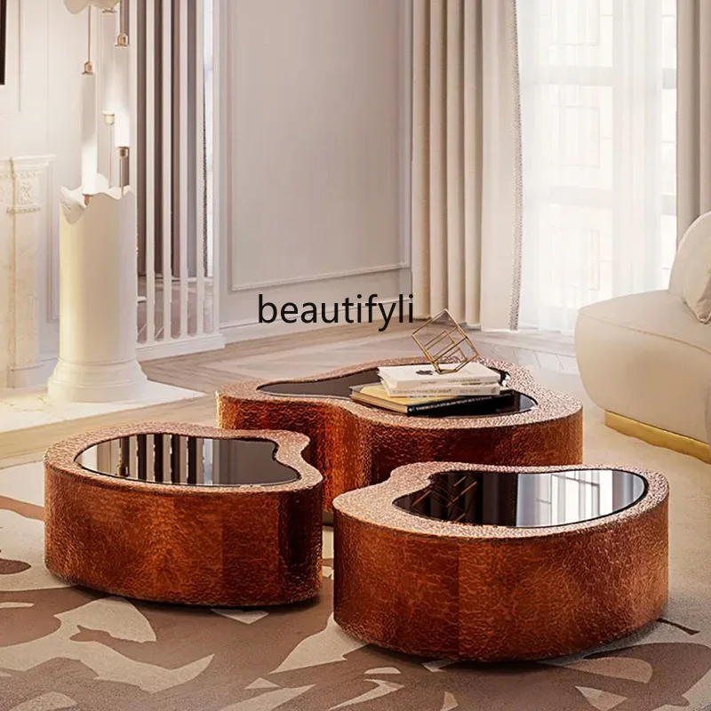 Modern Light Luxury Stainless Steel Coffee Table Living Room Household Tempered Glass Concave-Convex Irregular Shape Tea Table
