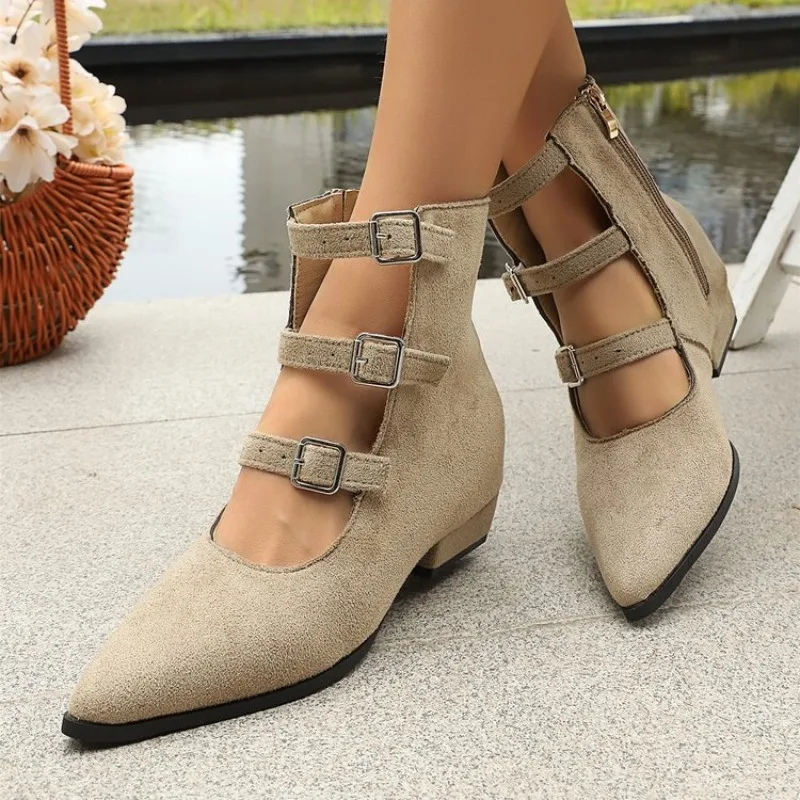 

2026 Fashion New Pointed Toe Block Heel Belt Buckle Sandals Women's Fashion Temperament Cold Boots
