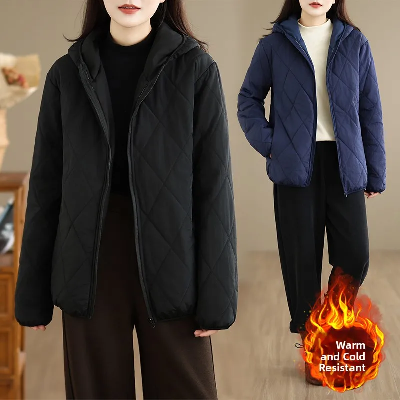 Couples Style Cotton Jacket with Hood Diamond Pattern Unisex Winter Coat Thickened Long Sleeve Zipper Closure Fashionable Com...