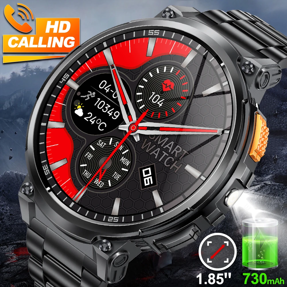 

Прочные 1,85-дюймовые умные часы AMOLED, мужские фонарики, Bluetooth-смарт-часы с вызовом, 730 мАч, большая батарея, светодиодный фонарик, спортивные умные часы