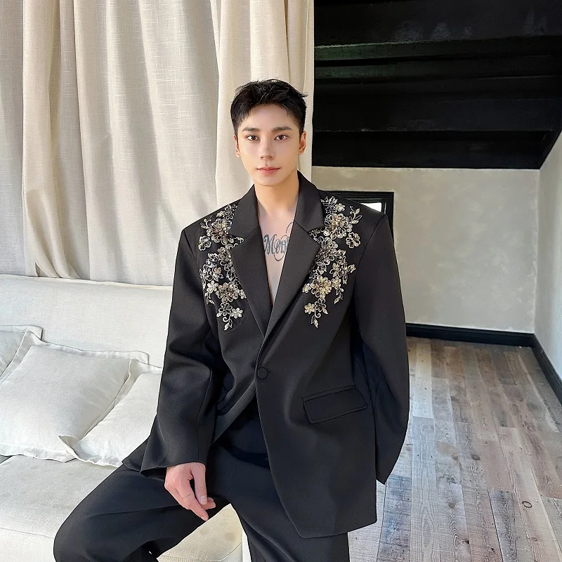 Autumn Men Suit Jacket Luxury 3D Embroidery Sequins Black Blazer Coat Party Singer Stage Show Stylish Clothes