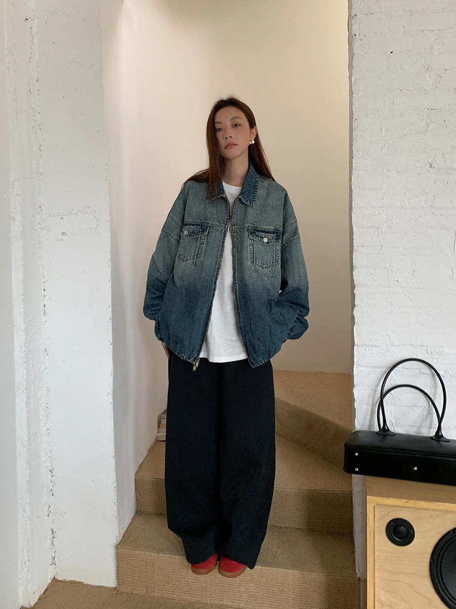 

Ретро джинсовая куртка для женщин, осенне-зимняя верхняя одежда свободного кроя с карманами, теплая фланелевая прямая куртка