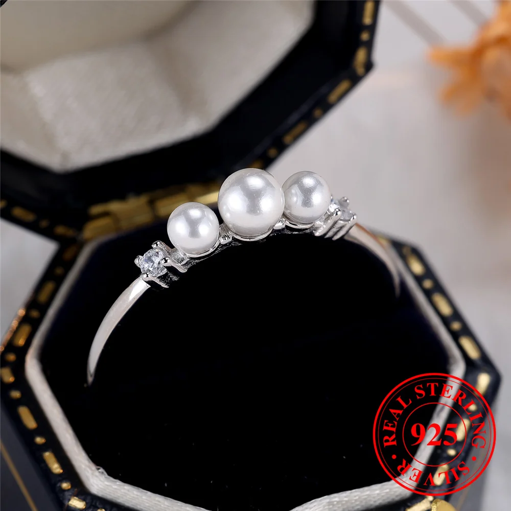 Female Real 925 Sterling Silver Round Pearl Engagement Ring Vintage Wedding Jewelry For Women
