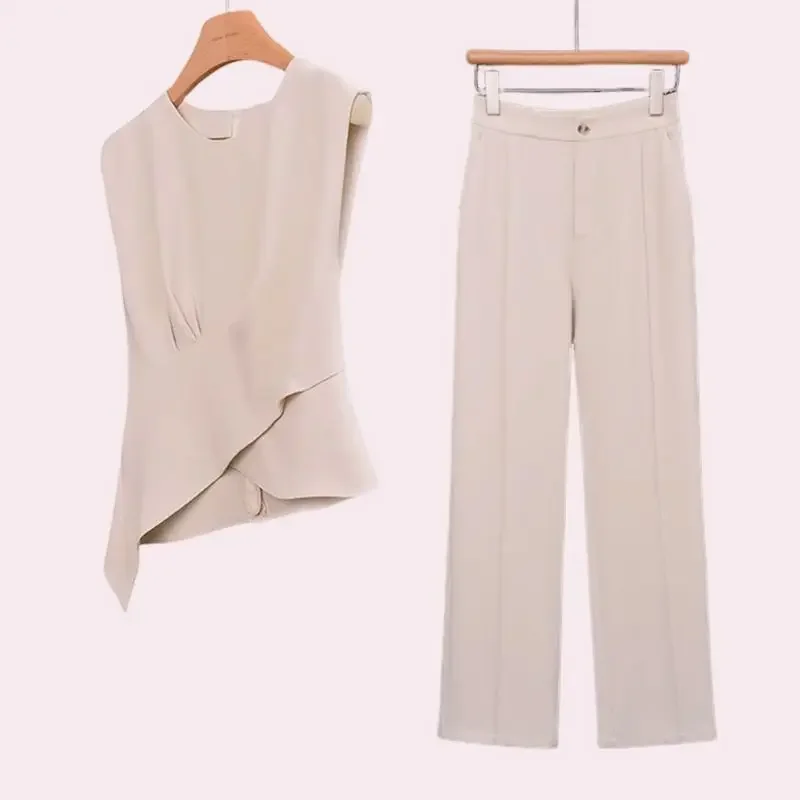 Pants two-piece women\'s summer new fashion suit irregular waist shirt coat semi-elastic waist wide leg straight tube pendant