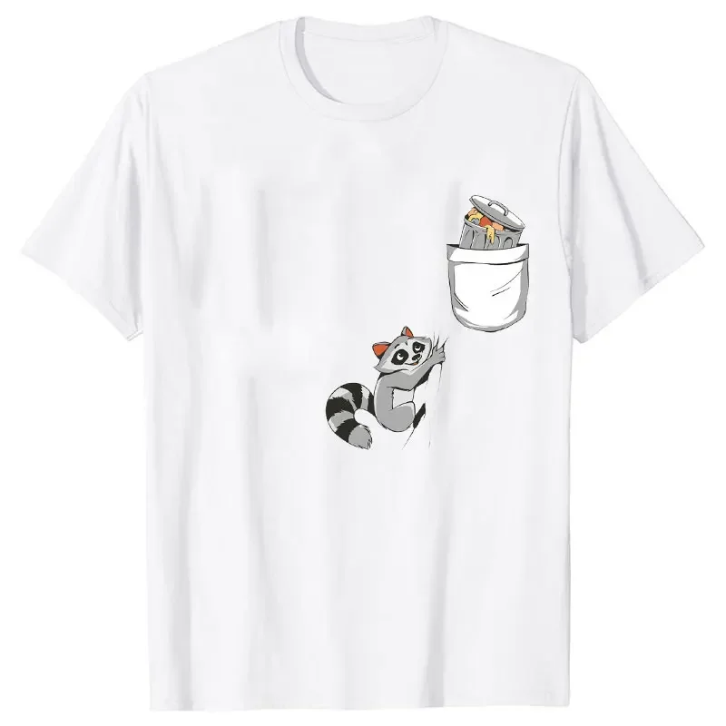 تي شيرت نسائي بأكمام قصيرة ، جيب كرتوني ، تي شيرت مطبوع عليه رسومات الراكون ، ملابس الشارع ، كاجوال متعدد الاستخدامات ، موضة الصيف