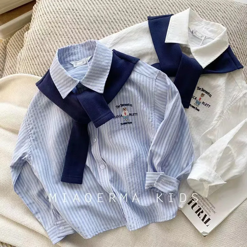 

Boys' Shirt Spring and Autumn New Style Small and Medium-Sized Children's Stripes Printed Casual Children's Lapel Long Sleeves