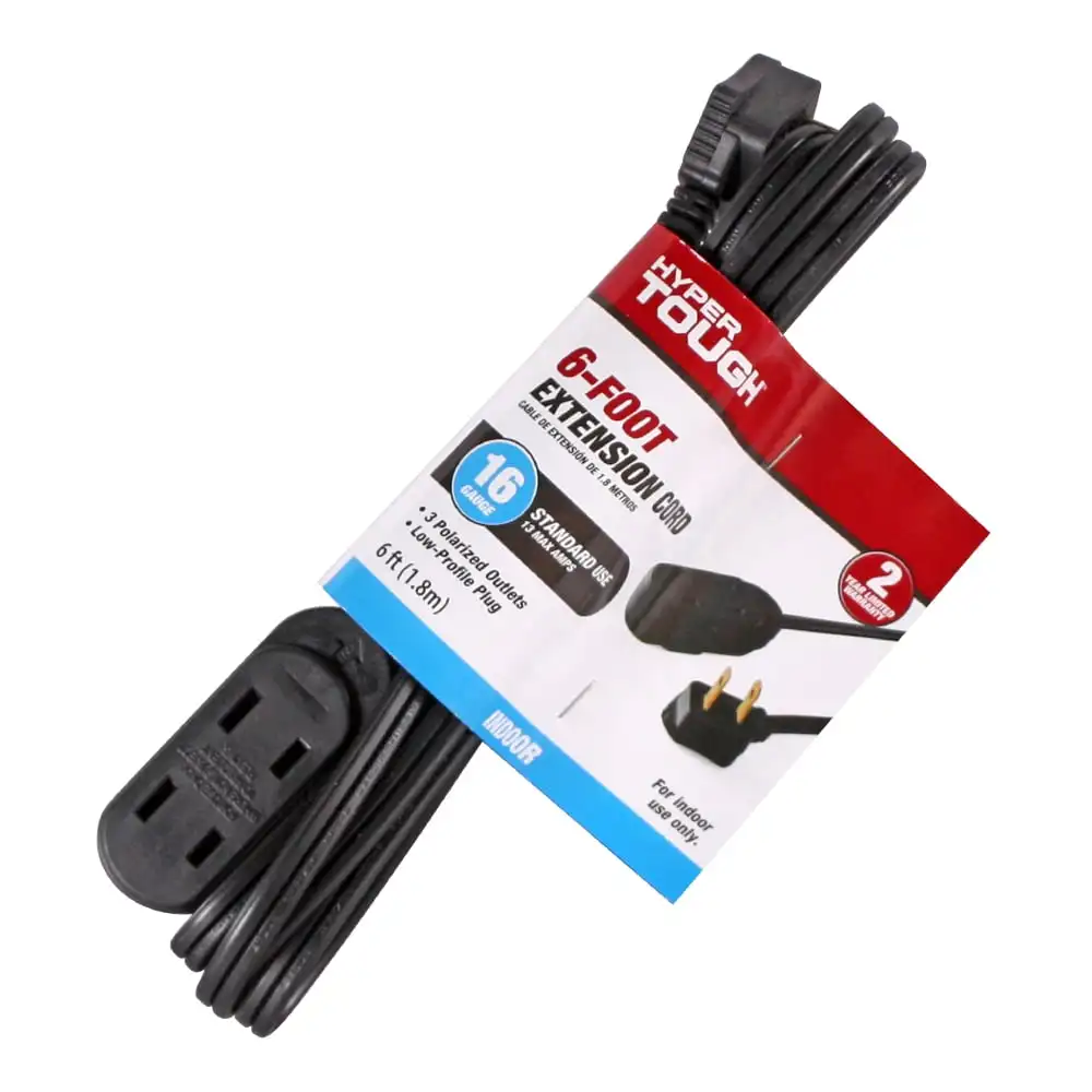 6FT 16AWG 2 Prong Black Indoor Household Extension Cord, 13 amps