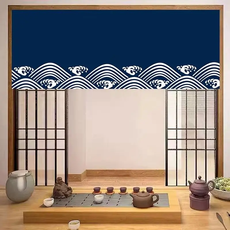 VIKAMA Japanese Seigaiha Wave Noren Door Curtain Blue White Wave Print Half Curtain Room Divider Kitchen Bedroom Entrance