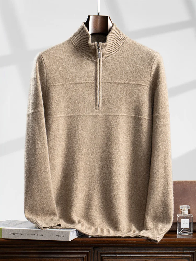 

Мужской свитер из 100% чистого кашемира с полувысоким воротником на молнии, утепленный, теплый, повседневный, вязаный базовый свитер.