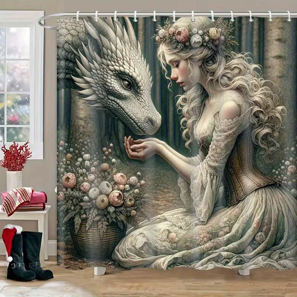 Enchanted Forest Princess and Dragon Waterproof Shower Curtain for Bathroom Decor, Unique Art Design, Vibrant Colors