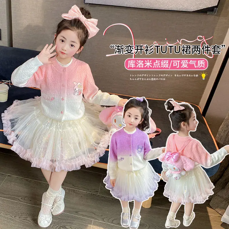 Nieuwe Kawaii Sanrioed Mymelodie Kuromi Mode Rok Pak Tops Meisje Jurk Prinses Stijl Lente Herfst Schattige Kinderkleding Cadeau