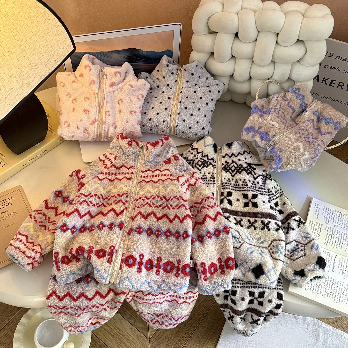 0-8Y Kids Homewear Suit Autumn Winter Kids' Sets and Outfits Dot and Leopard Print Kids Set Fleece Zip Up Top& Warm Pants Set