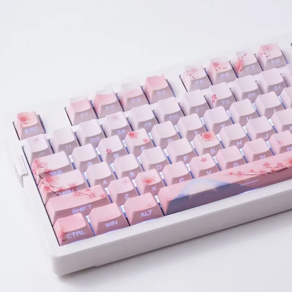 Sakura Pink Side Engraved Keycap Set PBT Translucent 127 Keys for MX Switch 60/84/90/104/108 Mechanical Keyboards