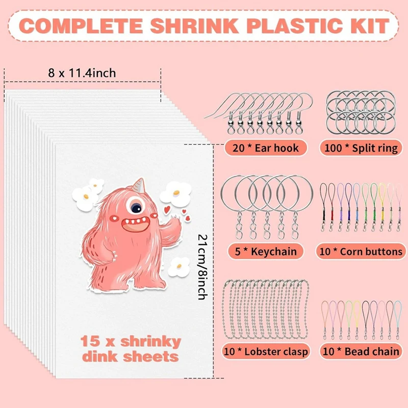 Shrink Plastic Sheets Kit para Fazer Jóias, Shrink Art Paper, 15 Folhas, Artesanato, DIY, 170 Pcs