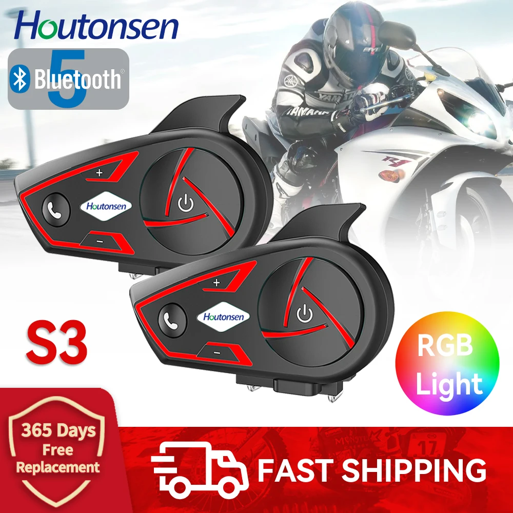 Houtonsen S3 Motorcycle Helmet Headset RGB 3 Colors Noise-canceling Intercom Earphones Waterproof Communicator Bluetooth Speaker