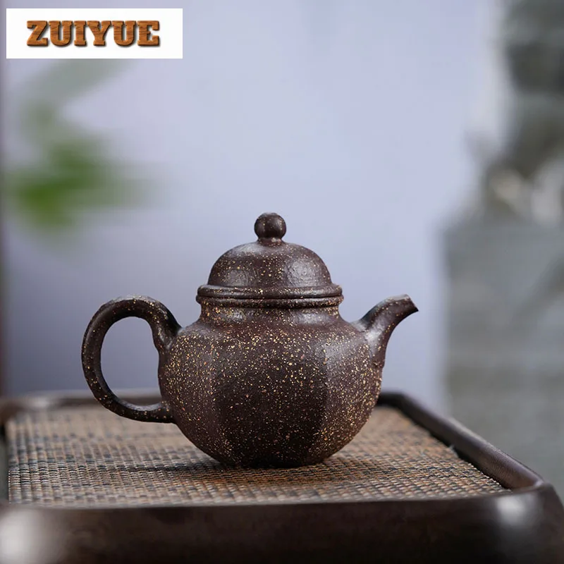 300ml Yixing Purple Clay Teapot Handmade Hexagonal Pot Raw Ore Coarse Sand15 Mesh Purple Jade Gold Sand Kettle Infuser Zisha Tea