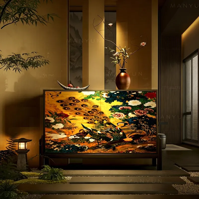 Song Style Zen Peacock Peony Screen Cabinet Entrance New Chinese Style Living Room Tea Room Hotel Solid Wood Partition Seat
